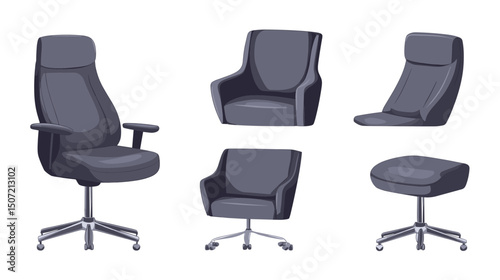 Set of Grey Office Chairs and Footstool Pixel Art on White Background