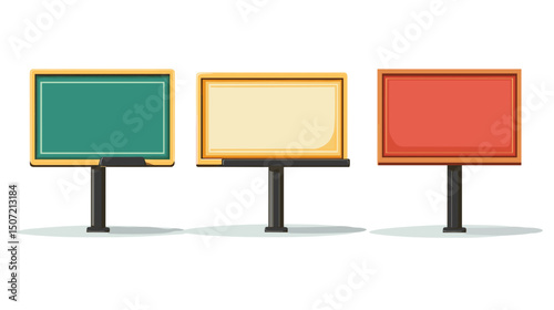 Set of Three Colorful Blank Billboards with Black Stands on a White Background