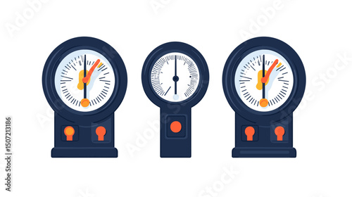 Set of Three Blue and Orange Pressure Gauges in White Background