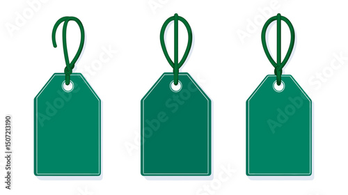 Set of Three Green Tags with Strings on White Background for Price and Promotion