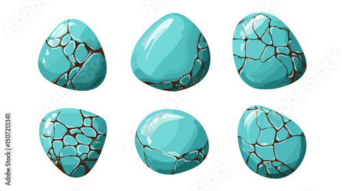 Six Turquoise Pixel Eggs with Cracked Shells in Digital Art Design on White Background