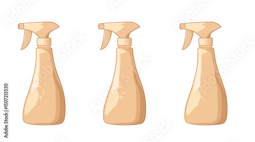 Three Beige Plastic Spray Bottles in a Row on a White Background With Adjustable Nozzles For Cleaning and Hygiene
