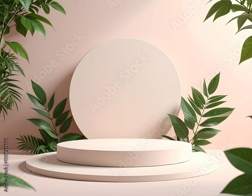 Elegant pink product display with tropical leaves