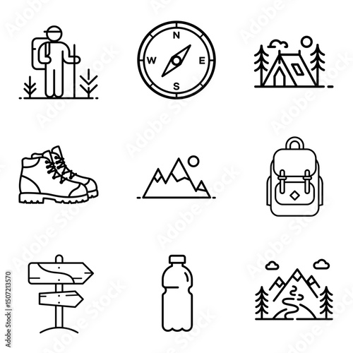 Set of icons on theme of traveling to mountains. Travel concept in vector style. Man hiking, compass, tent, boots, mountain peaks, backpack, signpost hiking trail, water bottle, path to mountains