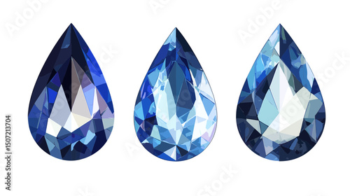 Three Blue Teardrop Gemstones Set on White Background Featuring Jewel Tones and Faceted Details