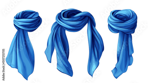 Three Blue Scarves with Different Styles for Winter Fashion Accessory Clothing Textile Wear and Elegant Silk Style on Isolated White Background