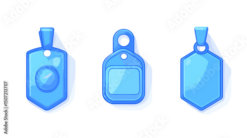Three Blue Pixel Art Badges and Tags on White Background for Identification and Access Control