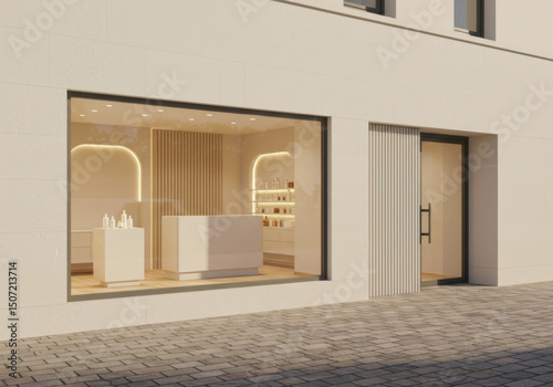 Chic shopfront with large window revealing a bright, minimalist interior, wood accents, & paved walk