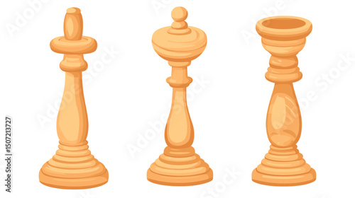 Three Carved Wooden Chess Pieces in Pixel Art Style with Ornate Design Standing Against a Plain White Background