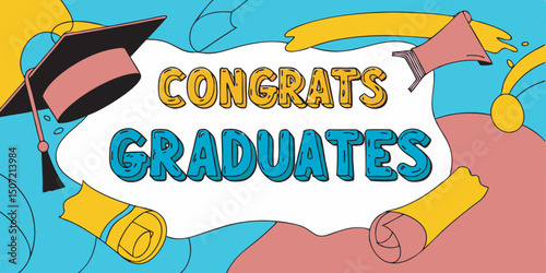 Colorful congrats graduates cartoon illustration with graduation cap and diploma scroll