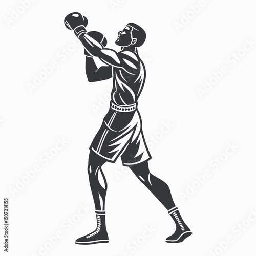 Monochrome vector illustration of professional boxer punching with boxing gloves upwards
