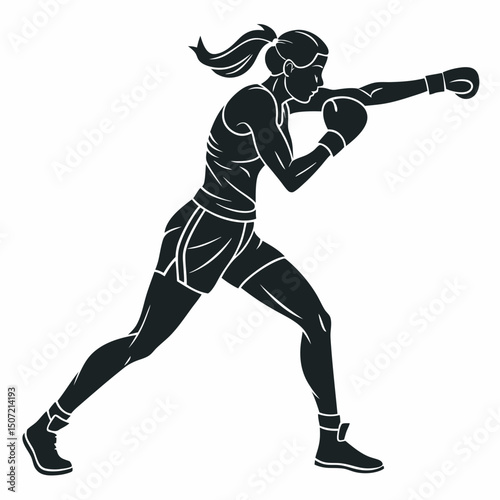 Woman boxer silhouette striking powerful punch fitness training sport illustration