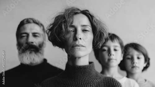 Elegant family photo: business woman, handsome man and their two teens in sophisticated black and white style.