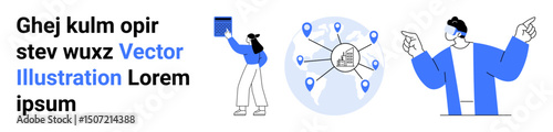 Woman interacting with a tablet, man presenting ideas, network diagram with location points. Ideal for teamwork, innovation, strategy, communication, marketing, digital connection simple landing