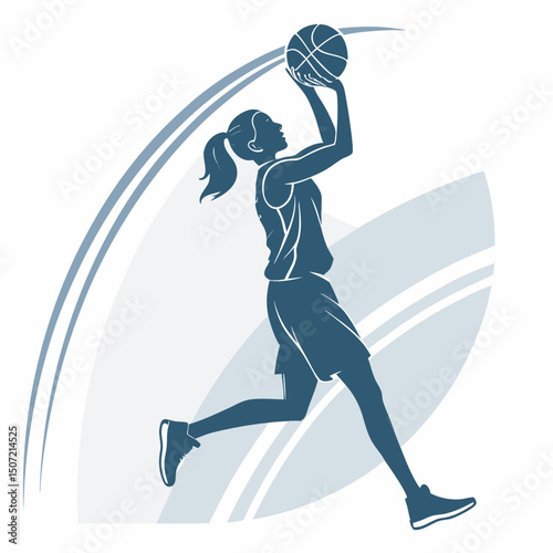 Silhouette of female basketball player shooting a basketball with motion graphics