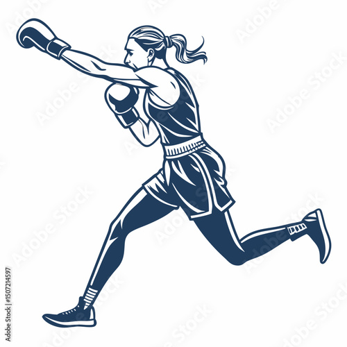 Dynamic vector illustration of a female boxer landing a punch with speed