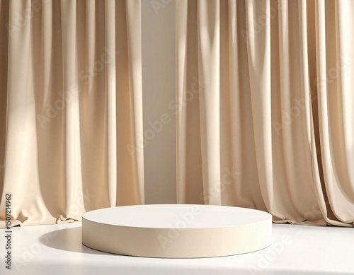 Minimalist beige curtain background with round display platform