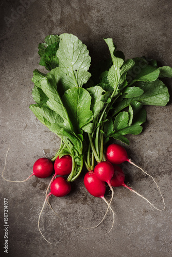 Bunch of red radish with leaves.