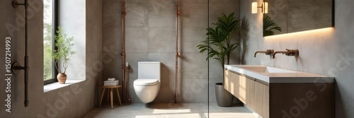 Sleek, modern pipeline bathroom design featuring exposed copper piping, industrial-chic aesthetic, and a minimalist vanity Perfect for contemporary or loft-style homes , wall, plumbing