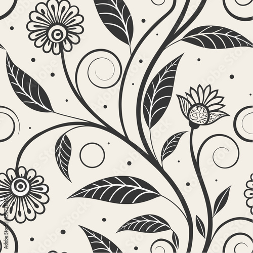 Floral Serenade: An elegantly crafted floral pattern in grayscale evokes a sense of tranquility and sophistication, with meticulous detail and intricate design of botanical element, leaves.