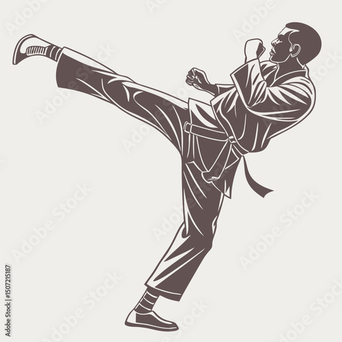 Karate fighter in action performing a high kick defense or attack stance