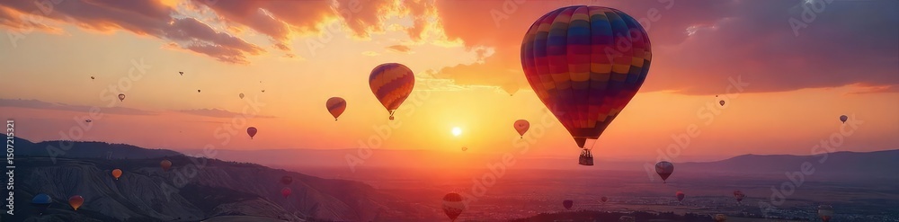 Fototapeta premium Stunning aerial view of vibrant, colorful hot air balloons floating gracefully amidst a breathtaking sunset sky Perfect for travel, adventure, and freedom themes , peaceful, morning