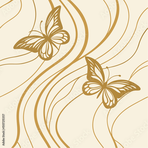 Elegant Butterflies in Flight: Two exquisite butterflies gracefully dance amidst delicate golden lines on a soft, creamy backdrop, creating a sense of delicate beauty and serene elegance.