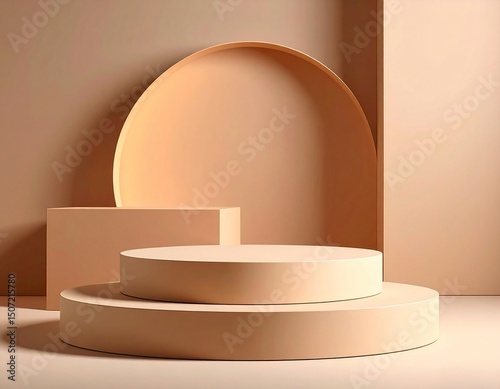 Minimalist beige product display platform with geometric shapes