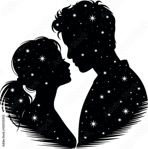 Starry Night Lovers: Silhouettes of a loving couple, their forms filled with glittering stars, creating a romantic and celestial scene.