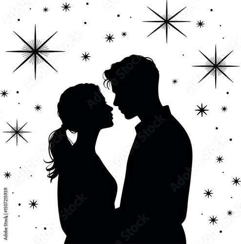 Romantic Couple Silhouette: A silhouetted couple gazes into each other's eyes under a canopy of shimmering stars, symbolizing love, connection, and magical moments.