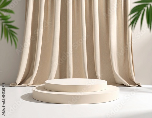 Minimalist beige product display platform with curtains