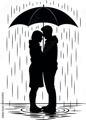 Rainy Embrace: A loving couple seeks shelter under an umbrella in a silhouetted scene, the rain delicately falling around them, and capturing the bond of togetherness.
