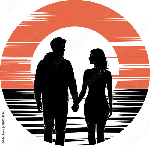 Romantic Silhouette by the Shore: A couple, hand in hand, is silhouetted against a picturesque sunset. Capturing the serenity and warmth of a tender moment shared. 