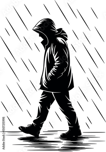 Solitary Stroll in the Storm: A solitary figure braves a downpour, cloaked in a hooded jacket as he walks through a cascade of rain.