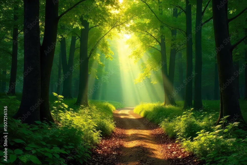 Naklejka premium Sun-dappled forest path winds through lush green canopy, dappled sunlight filtering through leaves, creating magical atmosphere Perfect for summer, nature, travel, and adventure themes , light, flora
