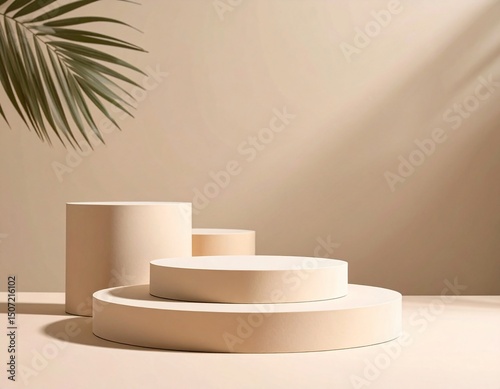 Minimalist beige product display platform with palm leaf shadow
