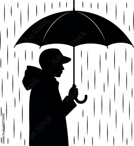 Rainy Day Silhouette: A child's silhouette holding an umbrella amid stylized raindrops, capturing the essence of a rainy day's introspection and quiet wonder.