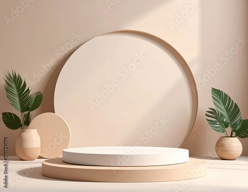 Minimalist beige product display platform with tropical plants