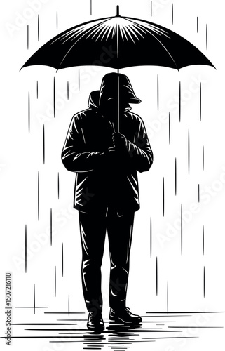 Rainy Day Solitude: A man stands alone under an umbrella in heavy rain, his silhouette a study in contemplation and quiet solitude.