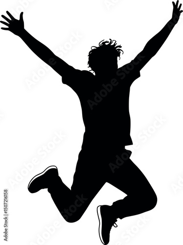 Silhouette of Joyful Leap: A silhouetted figure leaps with unbound joy, arms outstretched, embodying freedom and exhilaration against an unseen background. 