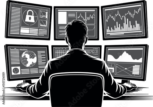 Digital Sentinel: A silhouette of a figure, absorbed in a multi-screen setup, meticulously monitoring an abstract data stream, evoking the vital role of tech security.