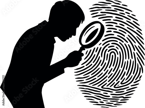 Detective Silhouette Inspecting Fingerprint: A detective silhouette meticulously scrutinizes a fingerprint with a magnifying glass, delving into the mystery of the intricate pattern.
