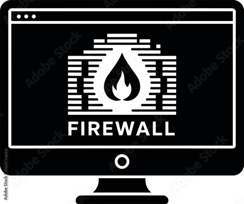 Digital Shield: A stark black and white depiction of a computer monitor displaying a "FIREWALL" graphic, symbolizing digital security and protection against online threats.