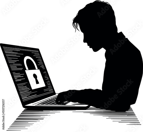 Cybersecurity Specialist at Work: A silhouette of a person intensely focused on a laptop screen displaying code and a lock icon, symbolizing the vigilance and dedication required in cybersecurity.