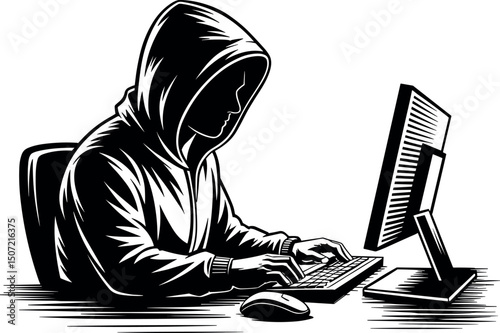 Digital Intruder: A shadowy figure in a hoodie intensely focuses on a computer, hands swiftly navigating the keyboard, capturing a sense of illicit activity and technological mastery.