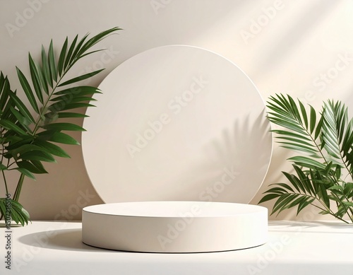 Minimalist beige product display with tropical palm leaves