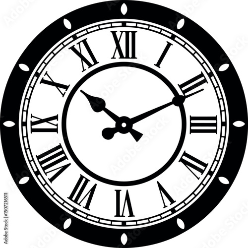 Clock face, time's design: A detailed image captures the essence of time, the clock face boasts Roman numerals, set against a stark black and white backdrop, offering a captivating focal point.