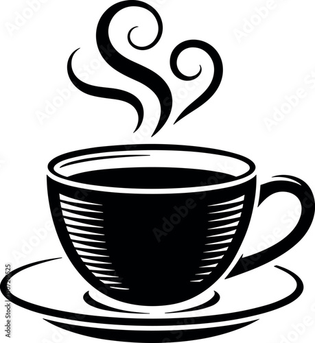 Steaming Cup of Coffee: A captivating monochrome illustration of a steaming cup of coffee, emanating inviting warmth and aroma, served elegantly on a matching saucer.