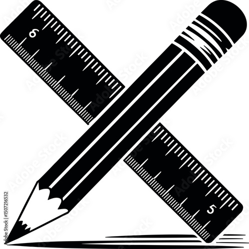 Creative Instruments: An artistic, graphic design of a ruler and pencil cross each other, embodying the essence of precision and artistry in the creative process. This stark.