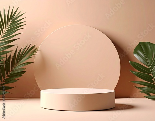 Minimalist beige product display with tropical leaves